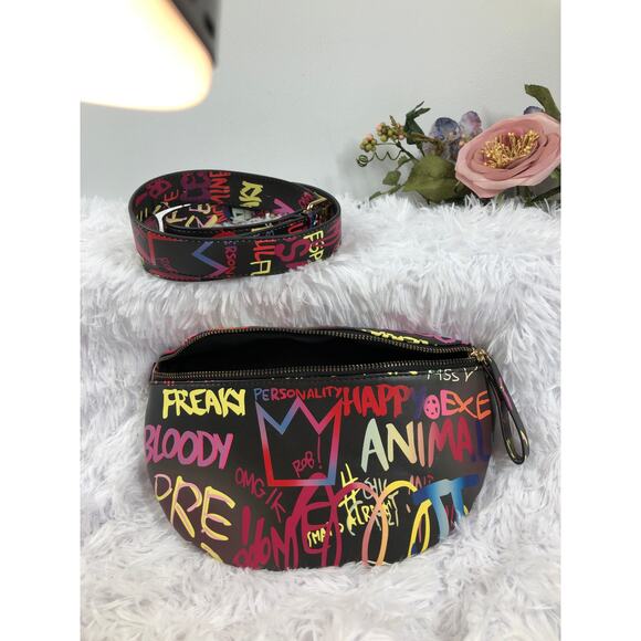 Black Fanny Pack Colorful Graffiti Print Matching Adjustable Strap Zip Closure - Picture 5 of 7